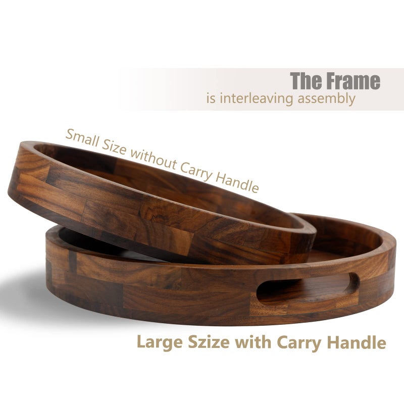 MAGIGO Set of 2 Large Round Black Walnut Wood Ottoman Tray with Handles, Serve Tea, Coffee, Classic Wooden Circular Decorative Serving Tray, 14 &12 inches - Image 3
